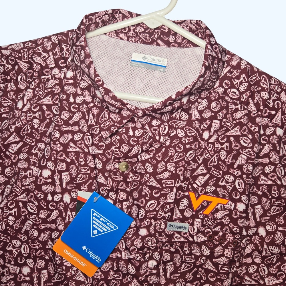 NEW Columbia PFG Virginia Tech Hokies Super Slack Tide Shirt Mens Large Maroon